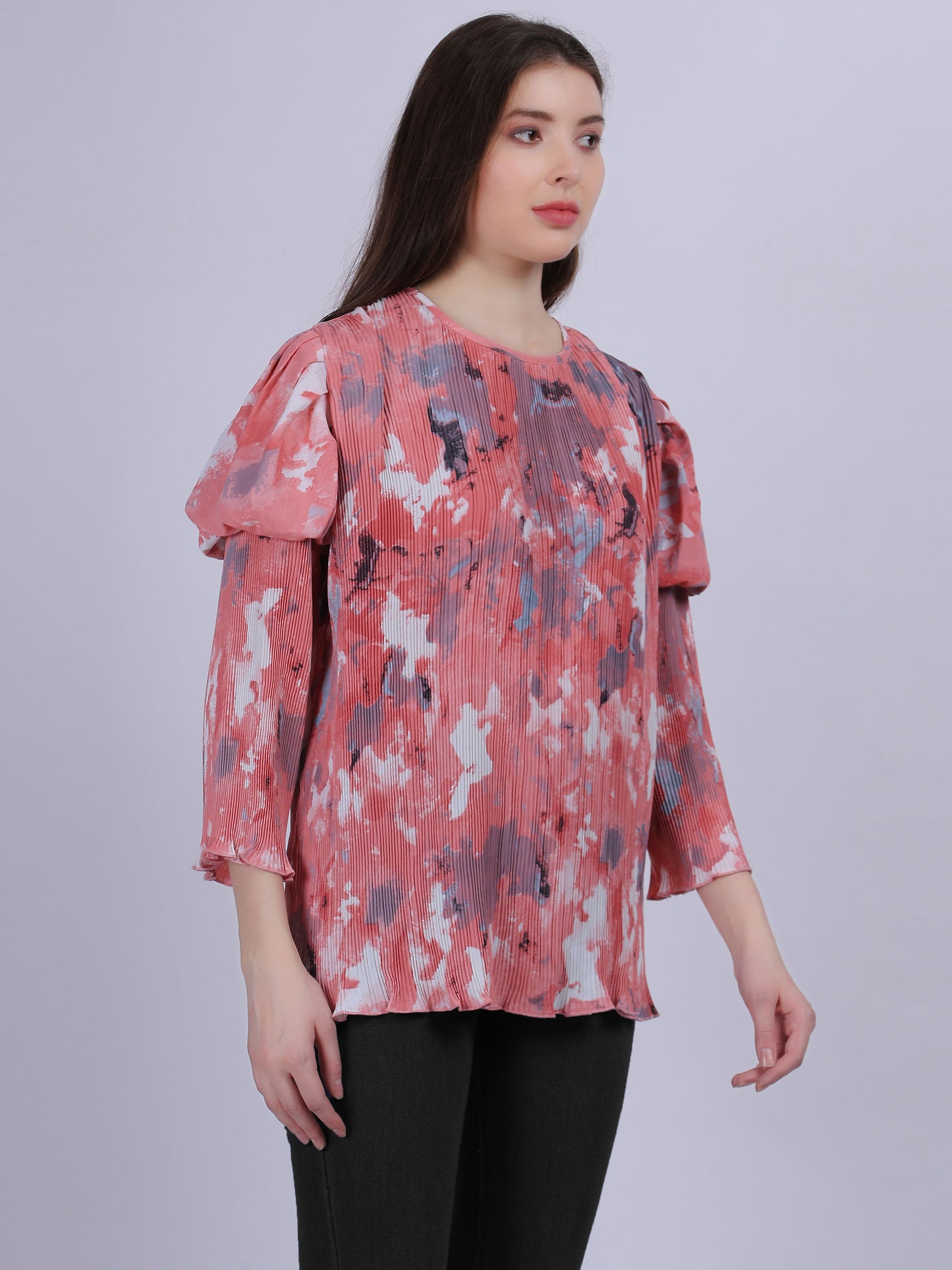 Pink Abstract Print Fashion Pleated Top With Puff Pleated Sleeves