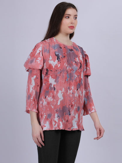 Pink Abstract Print Fashion Pleated Top With Puff Pleated Sleeves