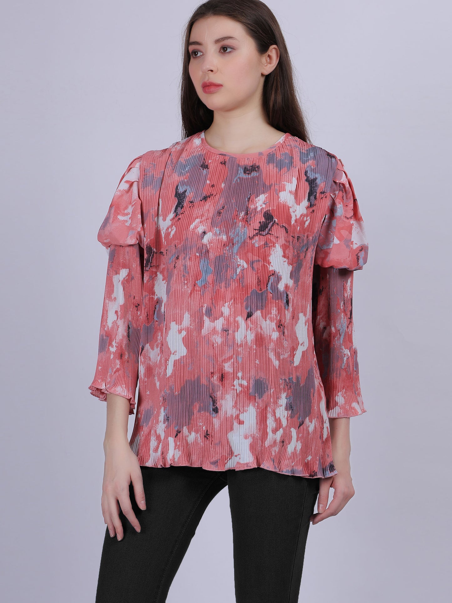 Pink Abstract Print Fashion Pleated Top With Puff Pleated Sleeves