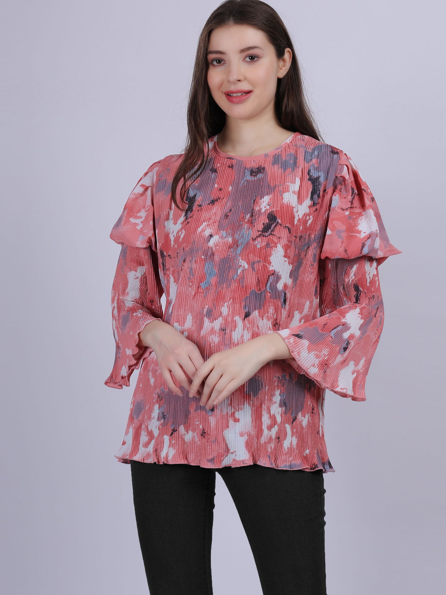 Pink Abstract Print Fashion Pleated Top With Puff Pleated Sleeves