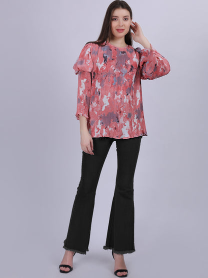 Pink Abstract Print Fashion Pleated Top With Puff Pleated Sleeves