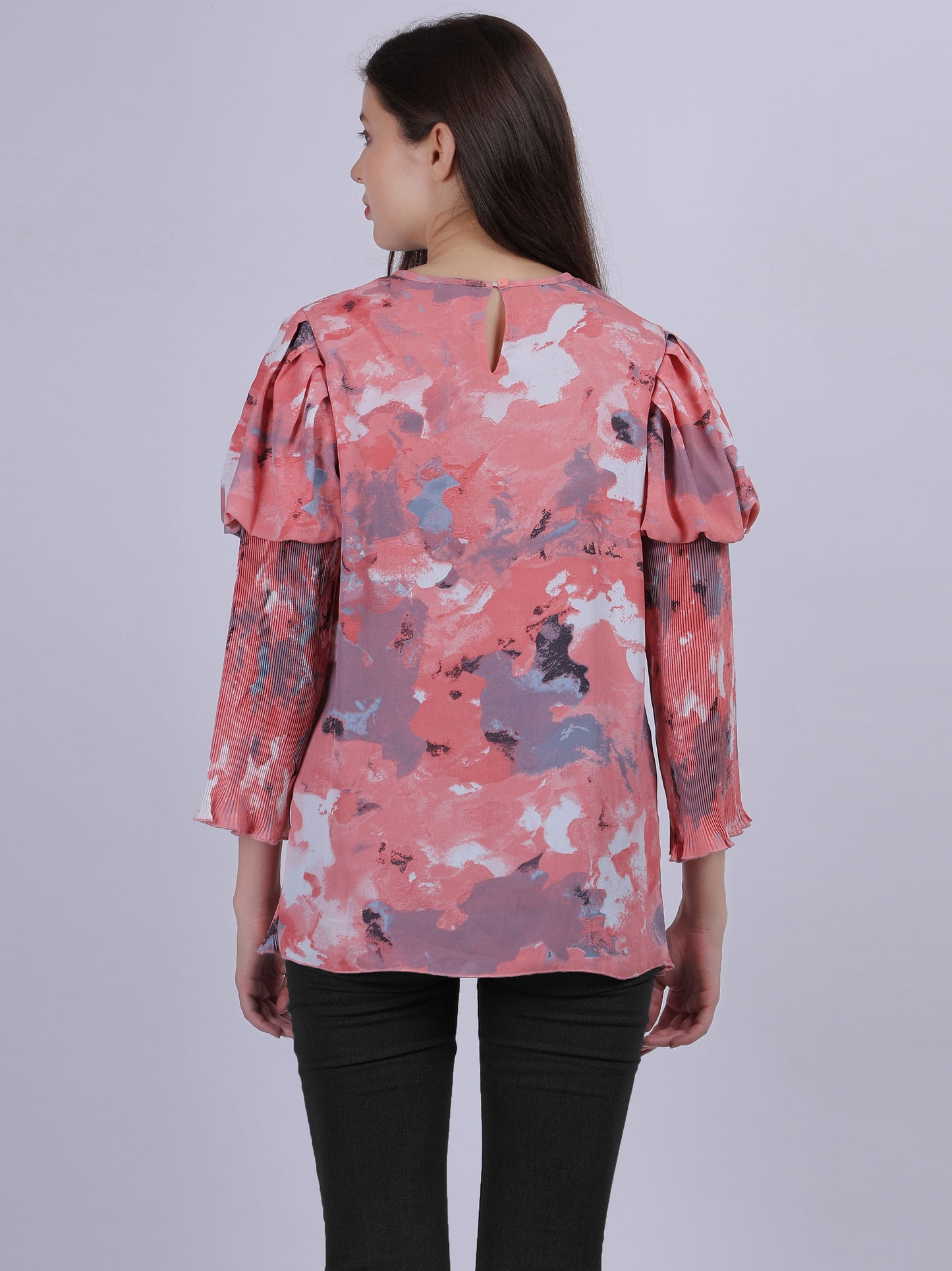 Pink Abstract Print Fashion Pleated Top With Puff Pleated Sleeves