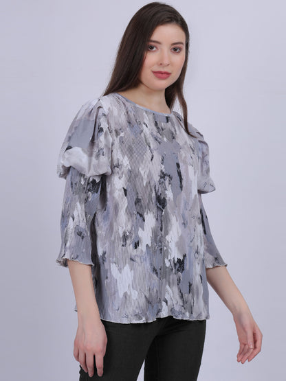 Grey Abstract Print Fashion Pleated Top With Puff Pleated Sleeves