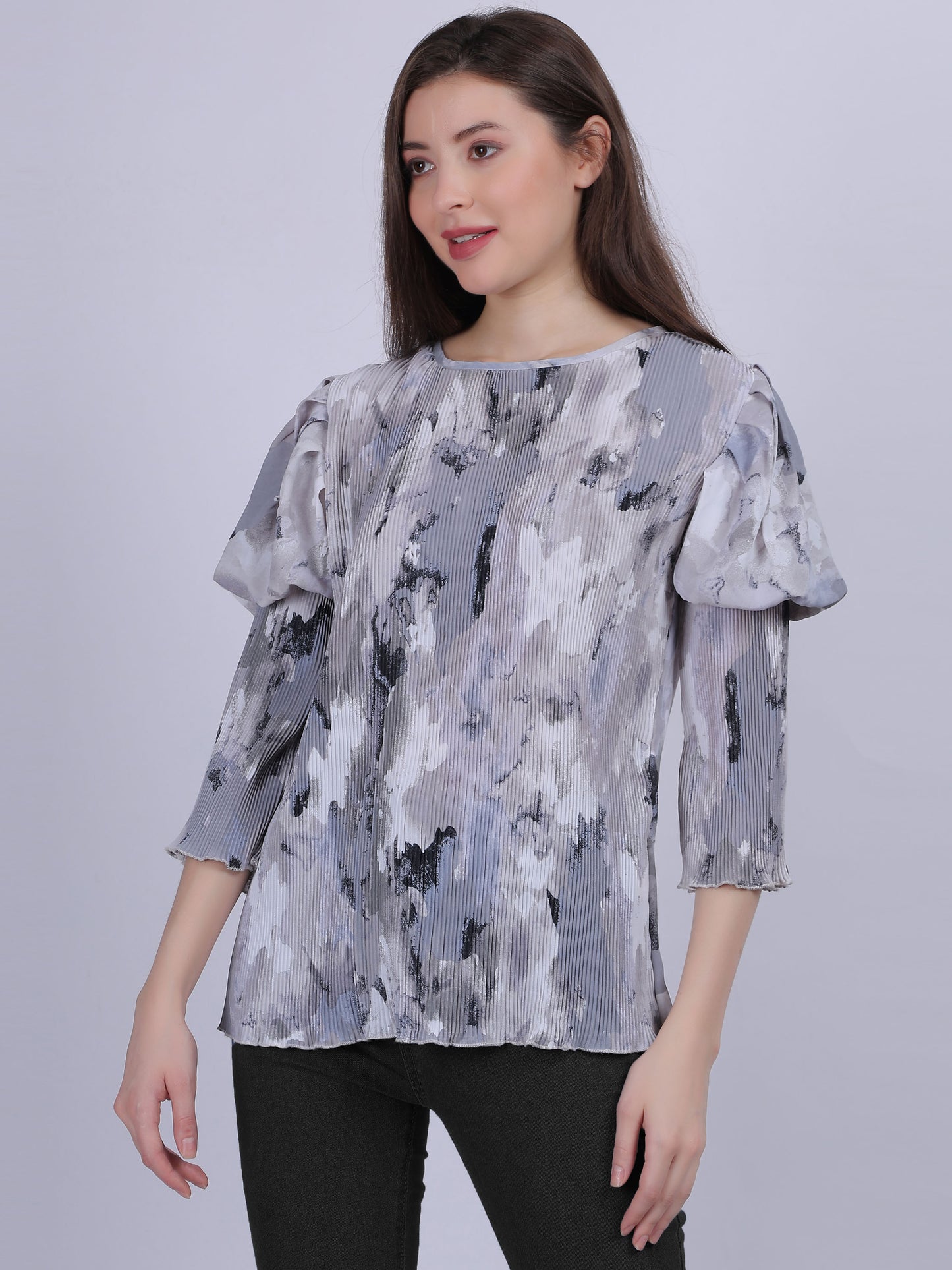 Grey Abstract Print Fashion Pleated Top With Puff Pleated Sleeves