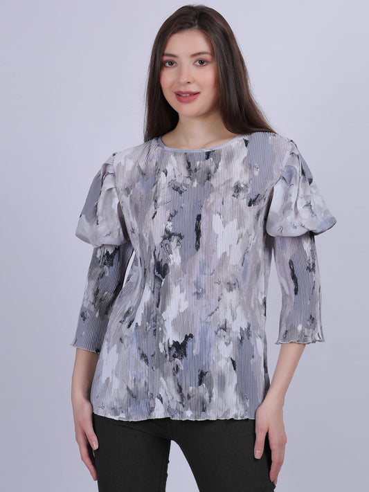 Grey Abstract Print Fashion Pleated Top With Puff Pleated Sleeves