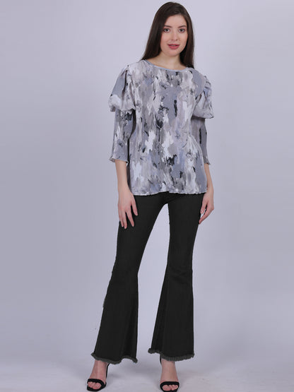 Grey Abstract Print Fashion Pleated Top With Puff Pleated Sleeves