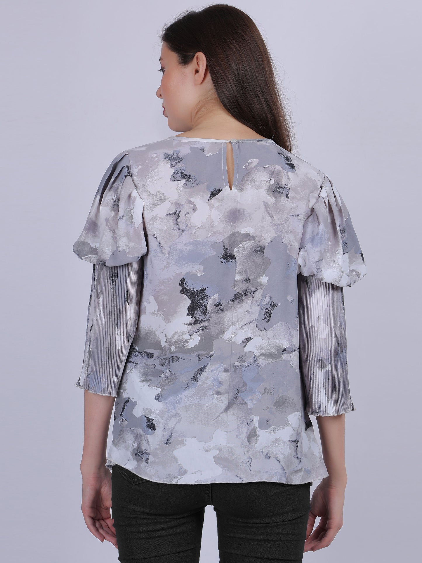 Grey Abstract Print Fashion Pleated Top With Puff Pleated Sleeves