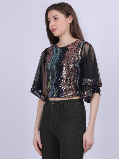 Shaded Sequence Bell Sleeve Party Top