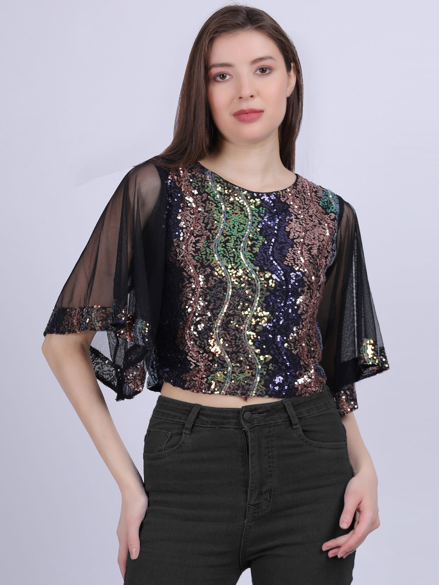 Shaded Sequence Bell Sleeve Party Top