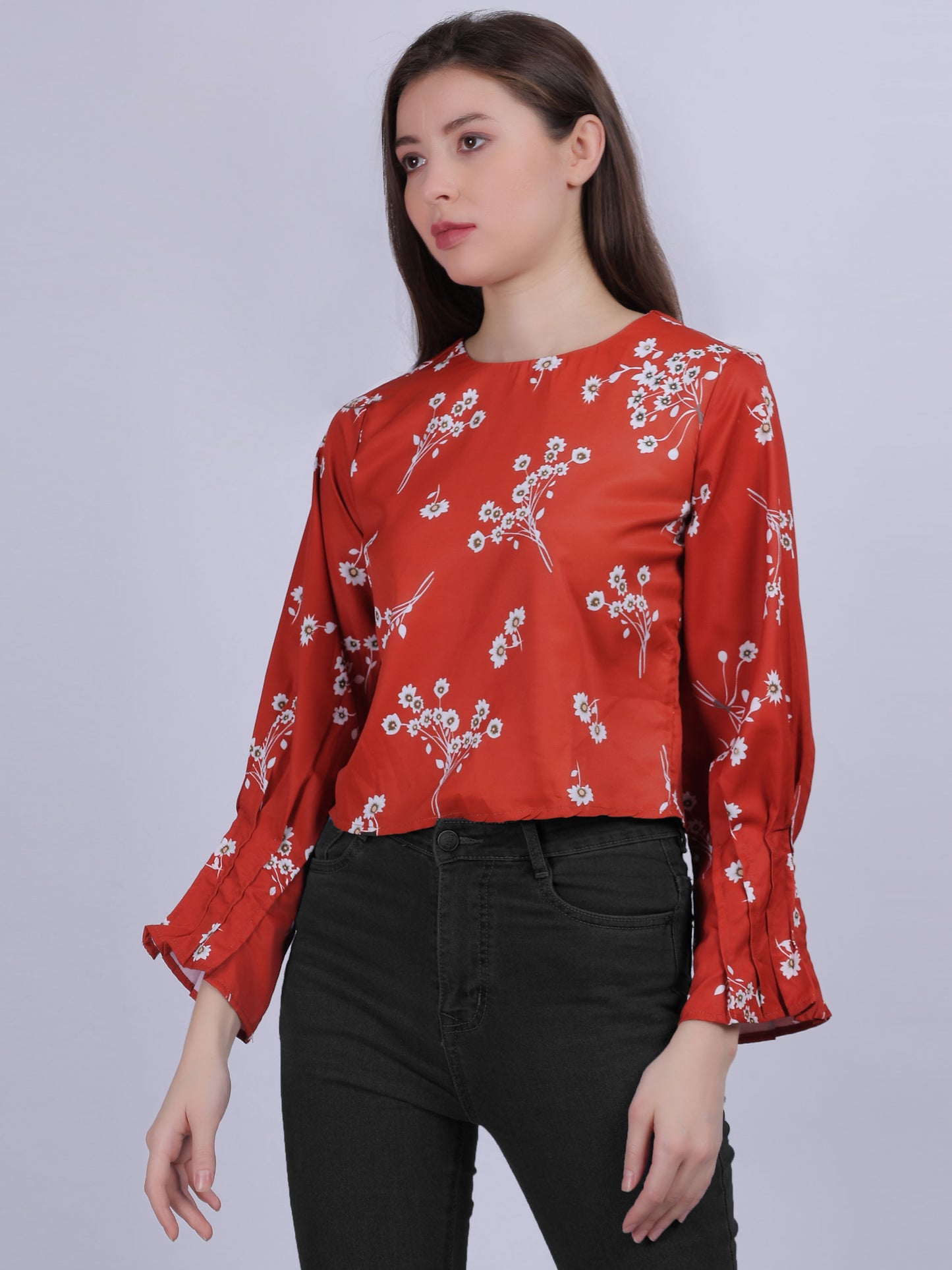 Orange Floral Print Crop Top With Pleated Cuff Sleeves