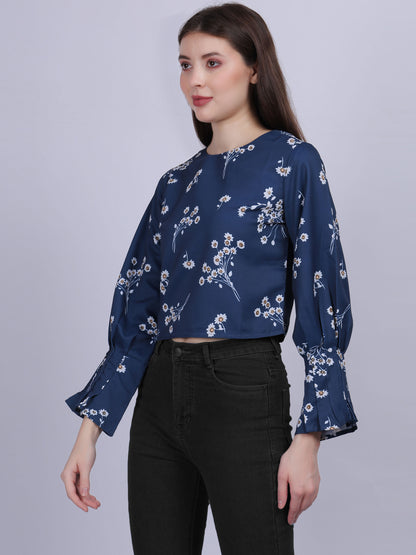 Blue Floral Print Crop Top With Pleated Cuff Sleeves