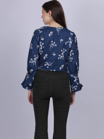 Blue Floral Print Crop Top With Pleated Cuff Sleeves