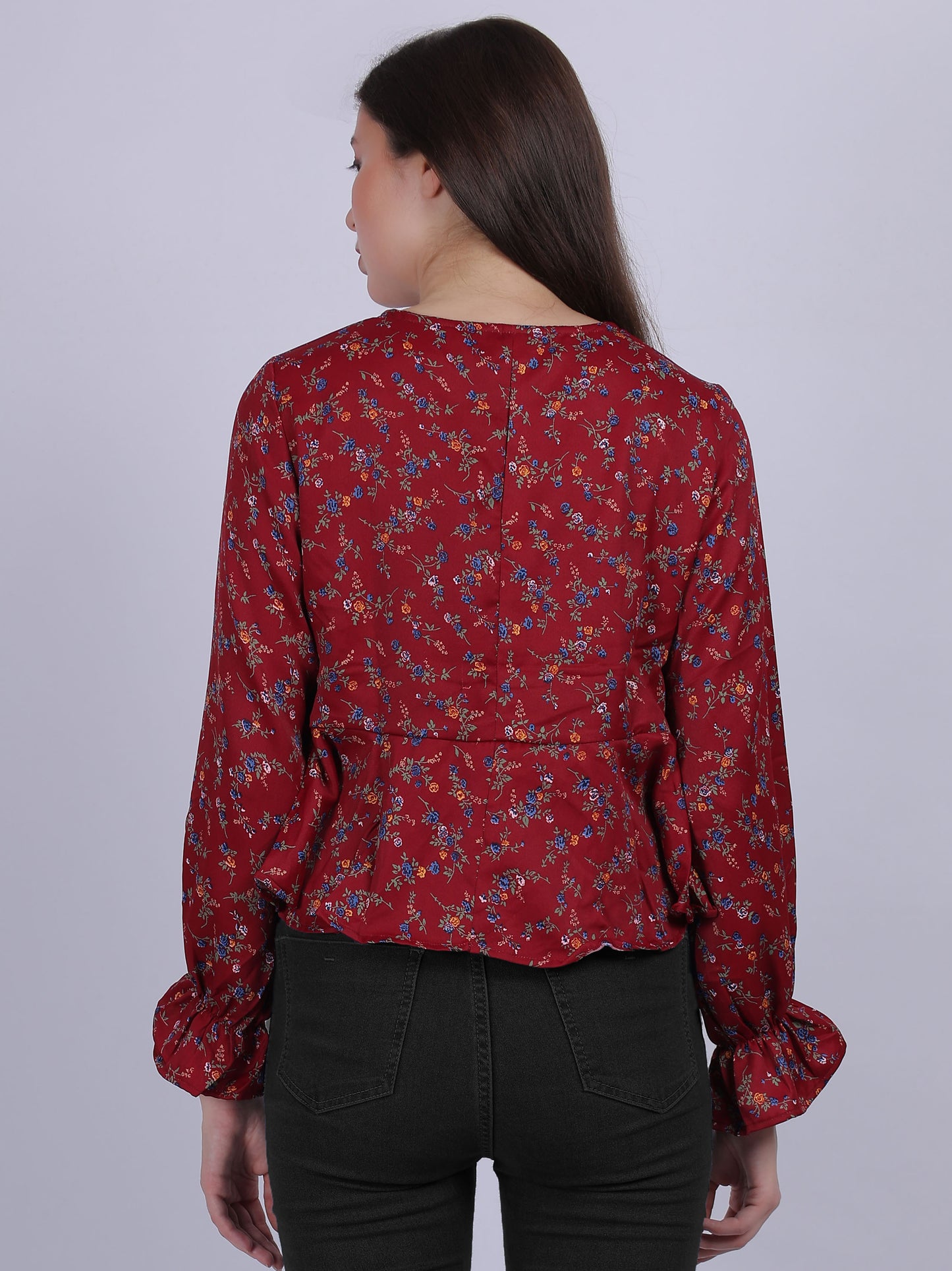 Maroon Floral Print Knot Style Crop Top