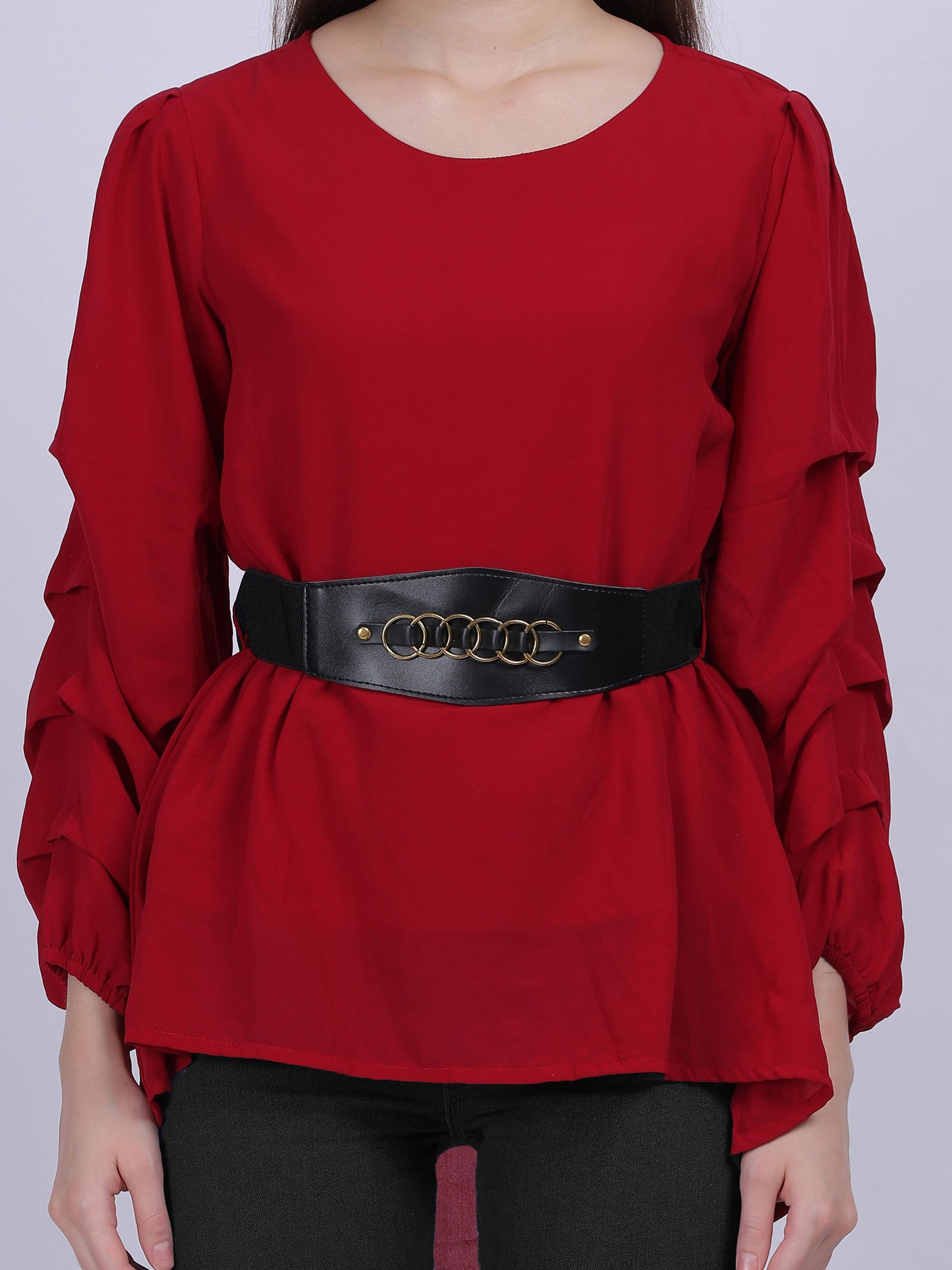 Maroon High-low Fashion Tunic Top With Layered Sleeves And Belt