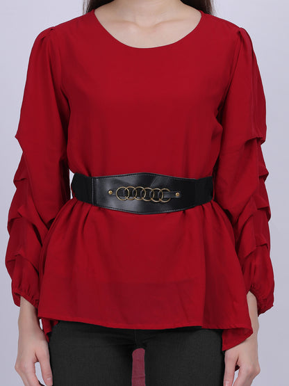 Maroon High-low Fashion Tunic Top With Layered Sleeves And Belt