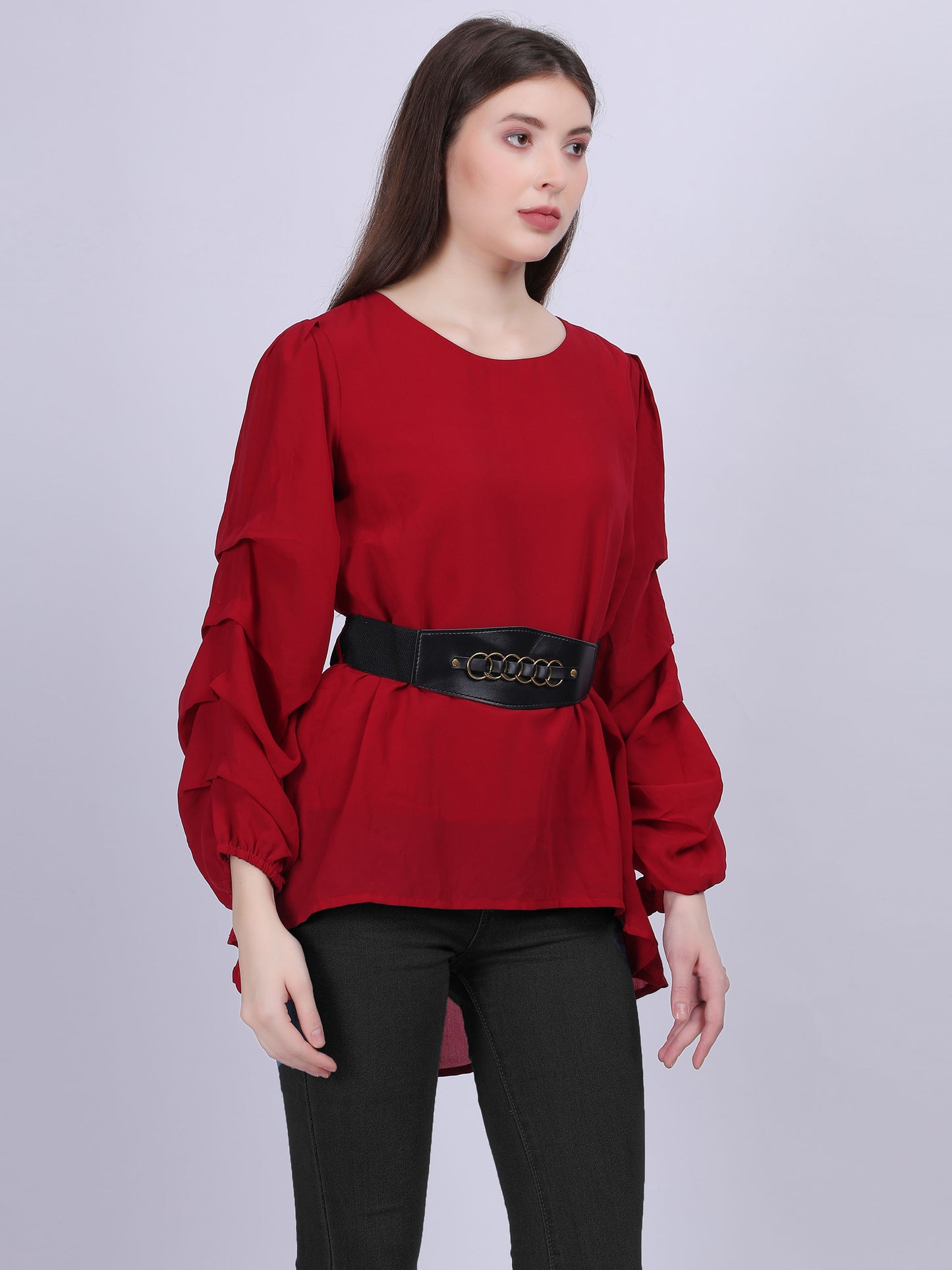 Maroon High-low Fashion Tunic Top With Layered Sleeves And Belt