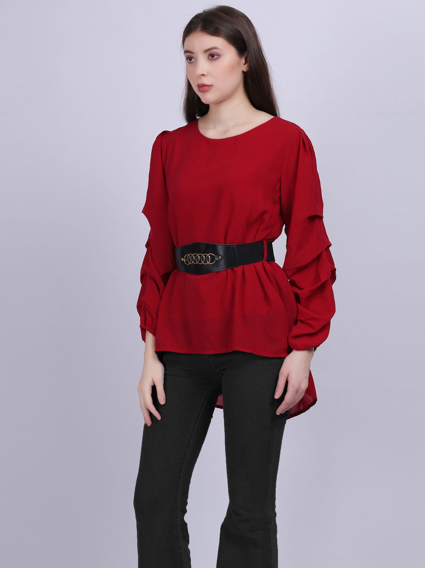 Maroon High-low Fashion Tunic Top With Layered Sleeves And Belt