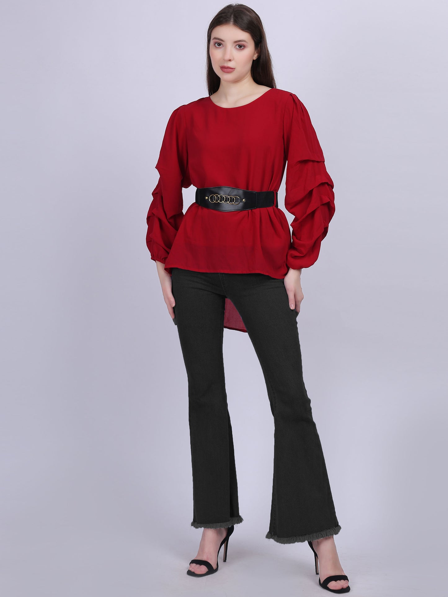 Maroon High-low Fashion Tunic Top With Layered Sleeves And Belt