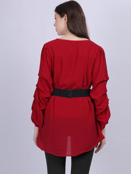 Maroon High-low Fashion Tunic Top With Layered Sleeves And Belt