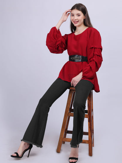 Maroon High-low Fashion Tunic Top With Layered Sleeves And Belt