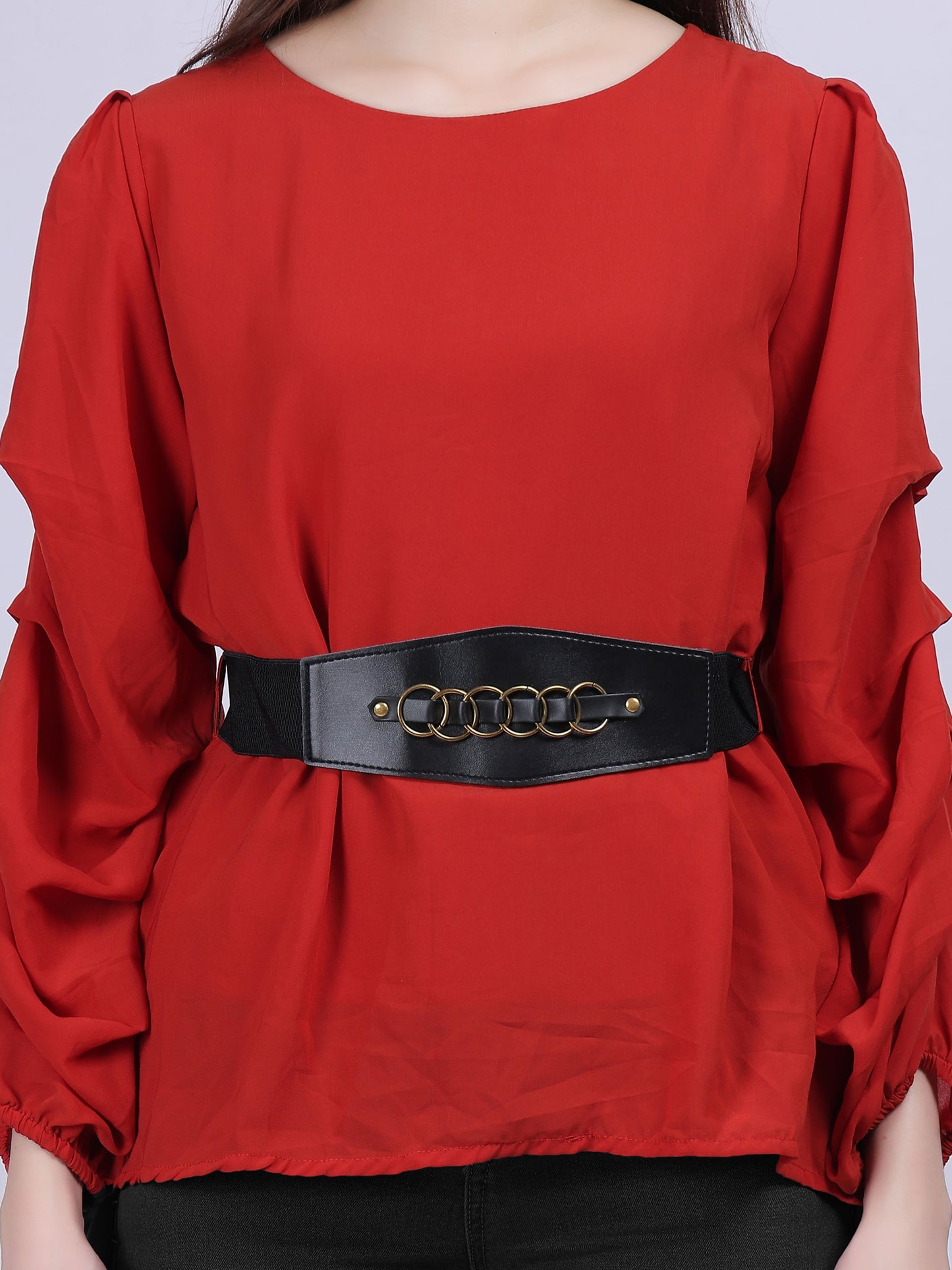 Rust High-low Fashion Tunic Top With Layered Sleeves And Belt