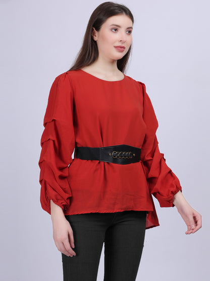 Rust High-low Fashion Tunic Top With Layered Sleeves And Belt