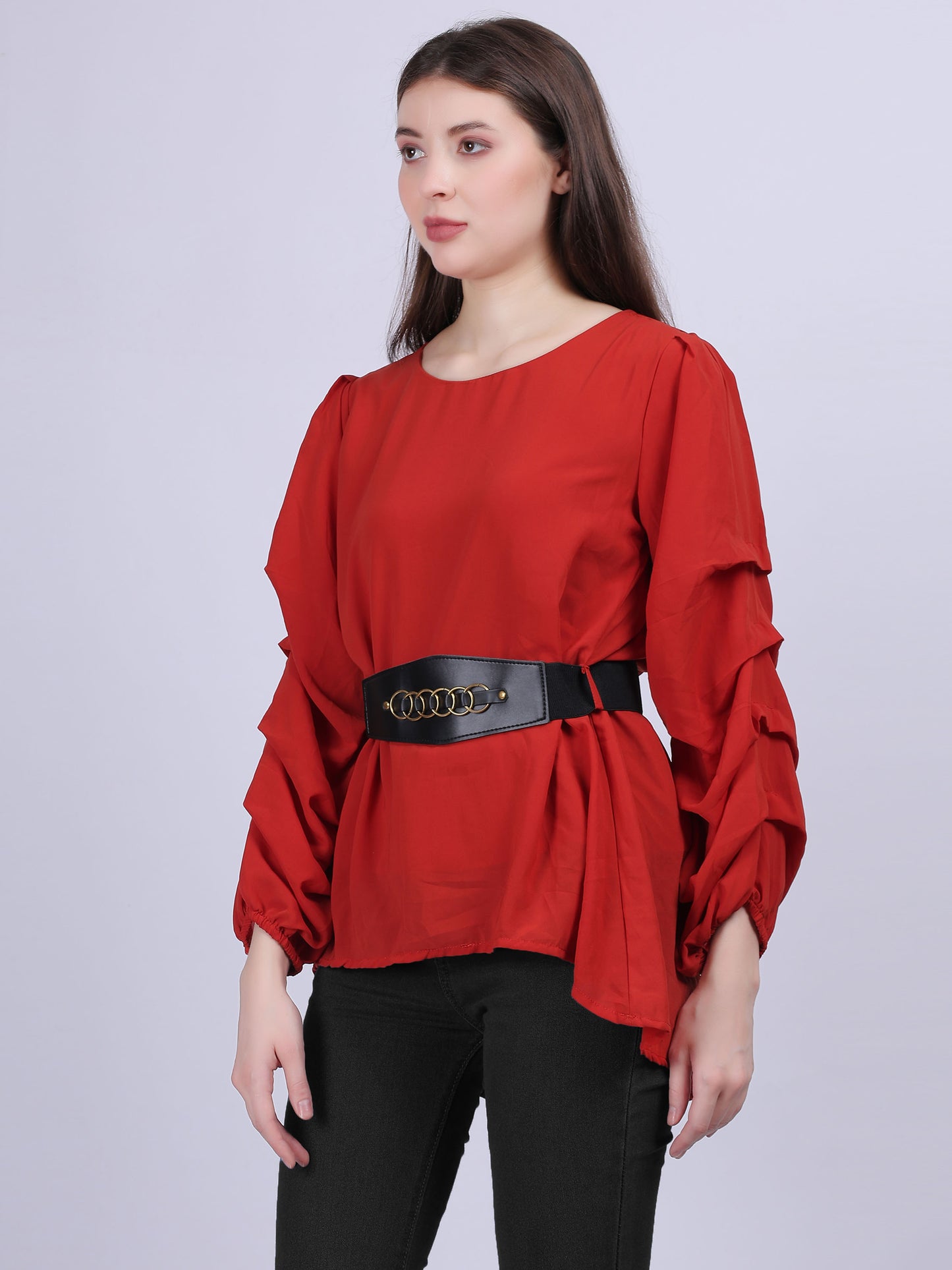 Rust High-low Fashion Tunic Top With Layered Sleeves And Belt