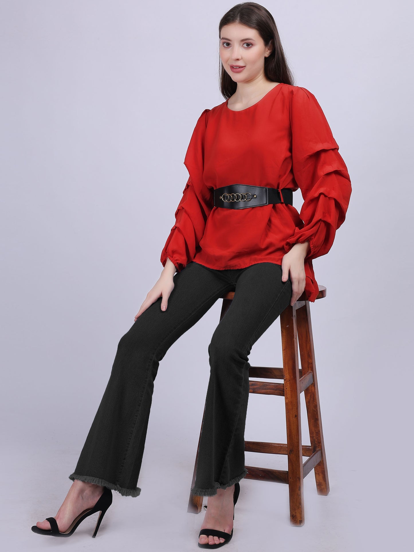 Rust High-low Fashion Tunic Top With Layered Sleeves And Belt