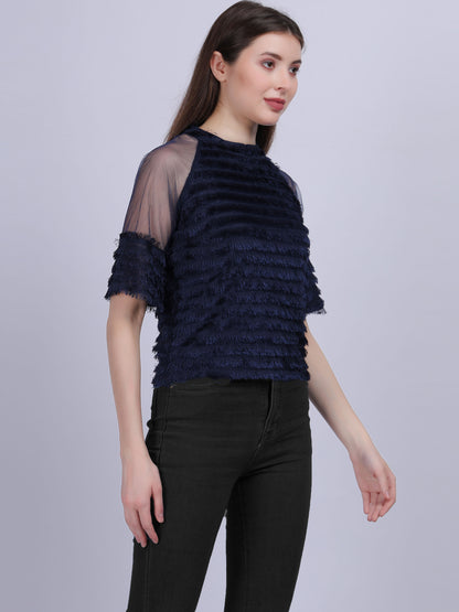 Navy Casual Soft Fur Crop Top With Mesh Sleeves