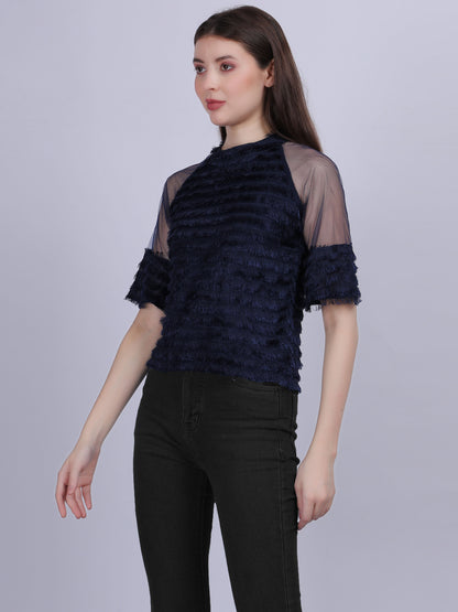 Navy Casual Soft Fur Crop Top With Mesh Sleeves