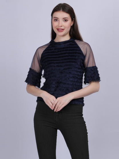 Navy Casual Soft Fur Crop Top With Mesh Sleeves