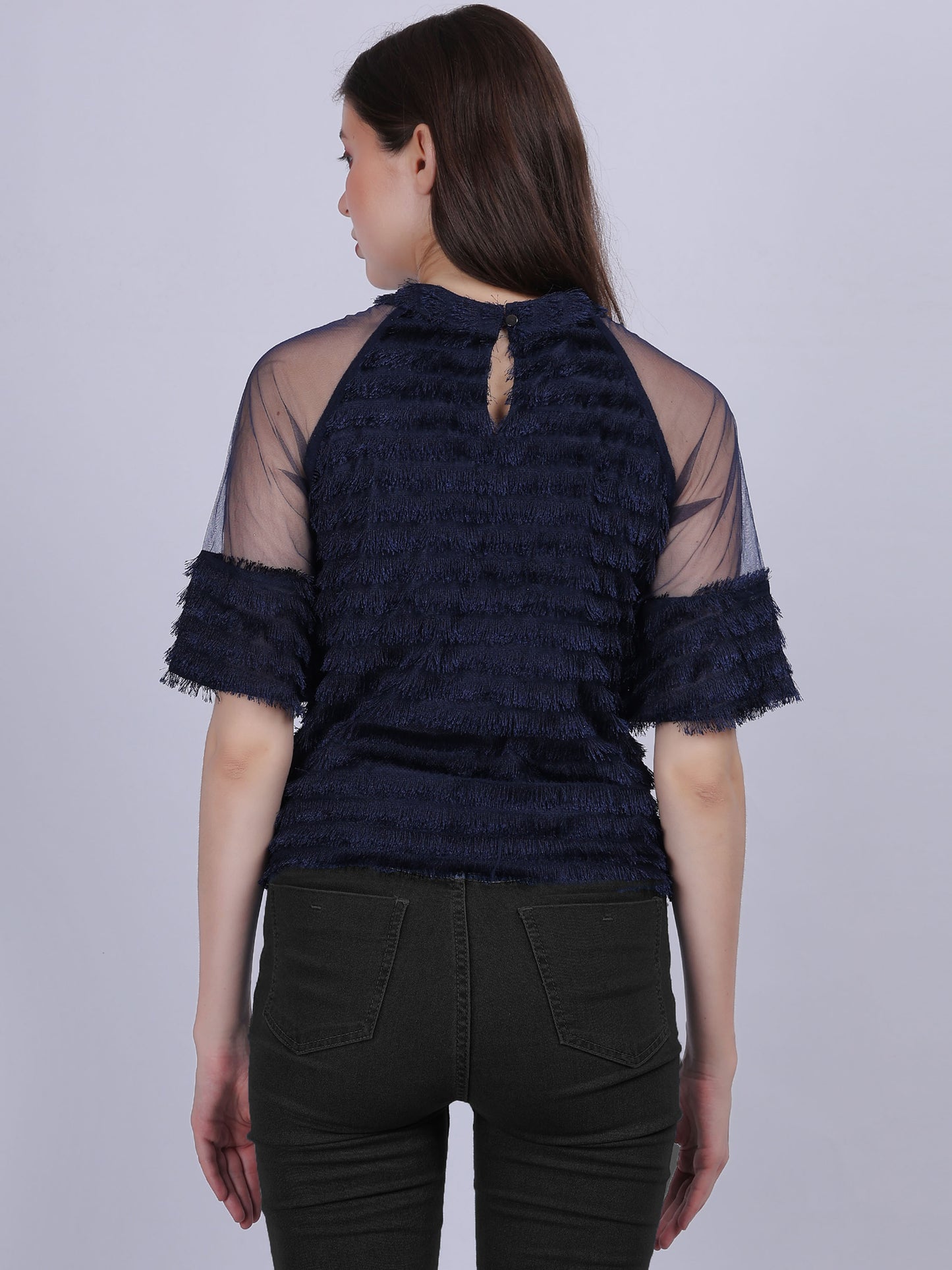 Navy Casual Soft Fur Crop Top With Mesh Sleeves