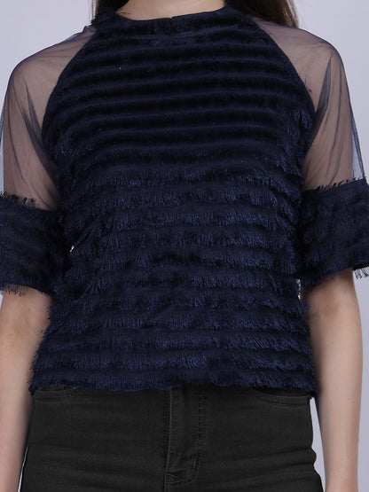 Navy Casual Soft Fur Crop Top With Mesh Sleeves