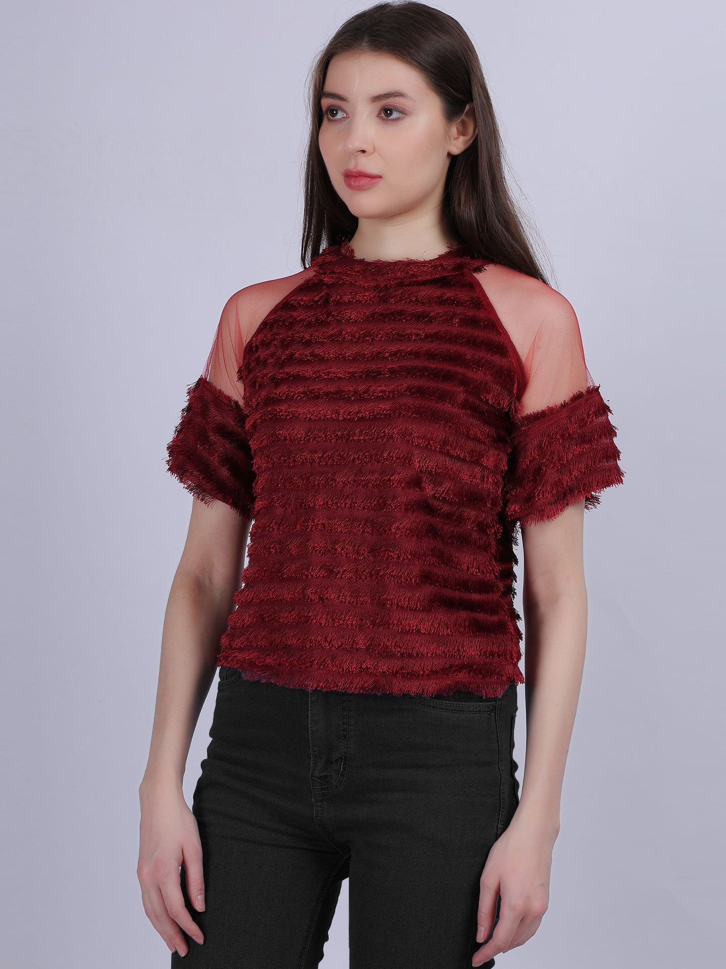 Maroon Casual Soft Fur Crop Top With Mesh Sleeves