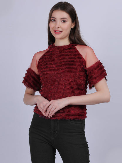 Maroon Casual Soft Fur Crop Top With Mesh Sleeves