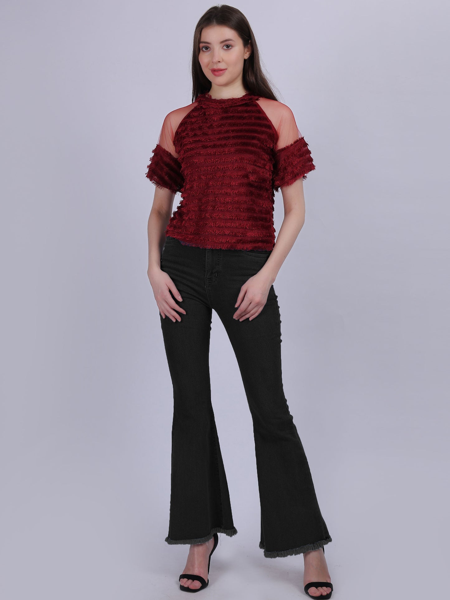 Maroon Casual Soft Fur Crop Top With Mesh Sleeves