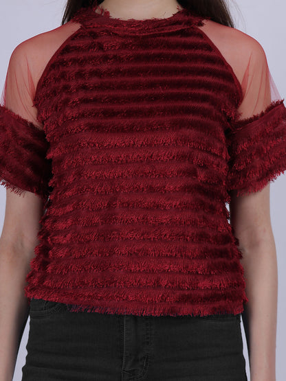 Maroon Casual Soft Fur Crop Top With Mesh Sleeves