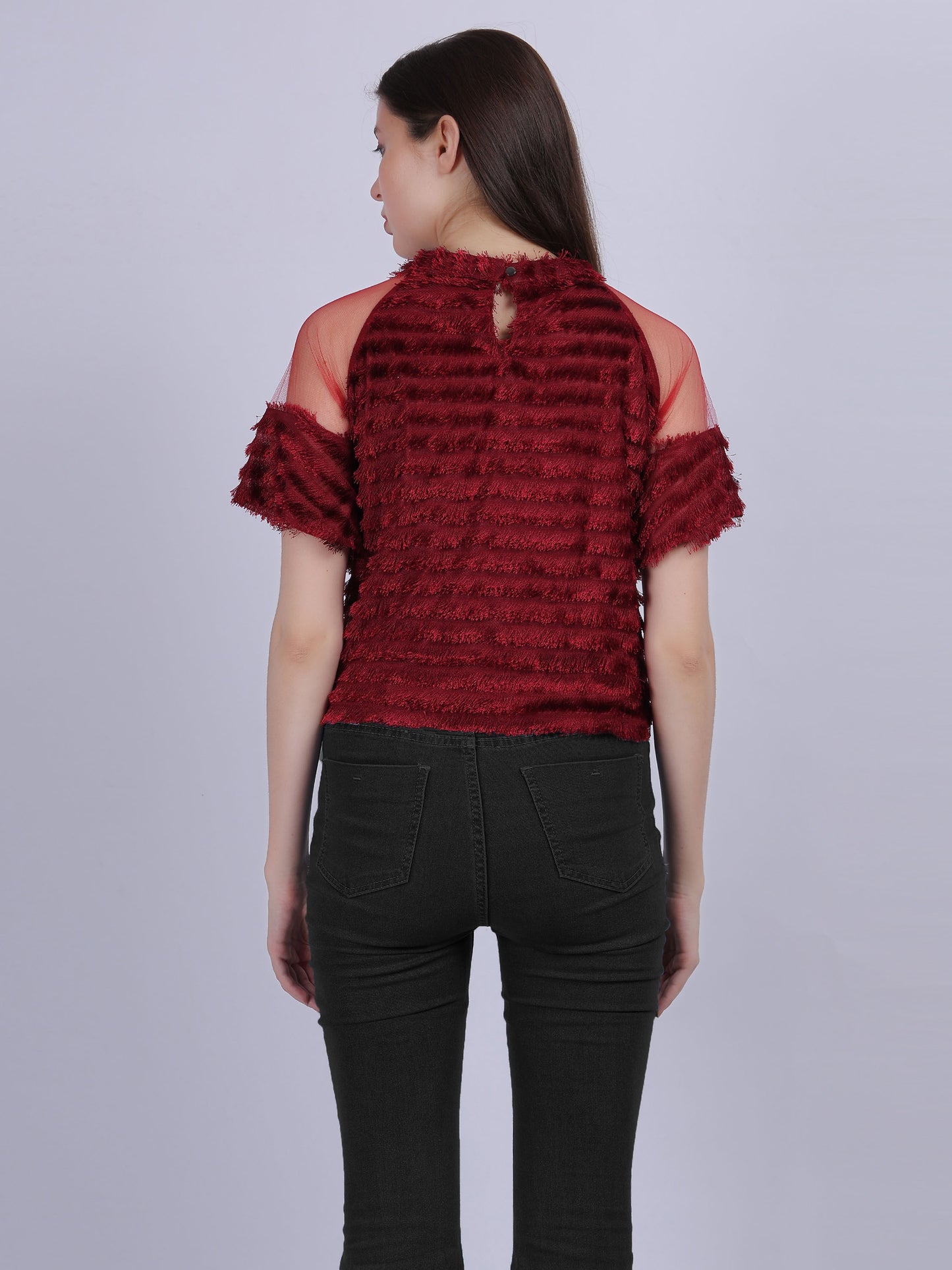 Maroon Casual Soft Fur Crop Top With Mesh Sleeves