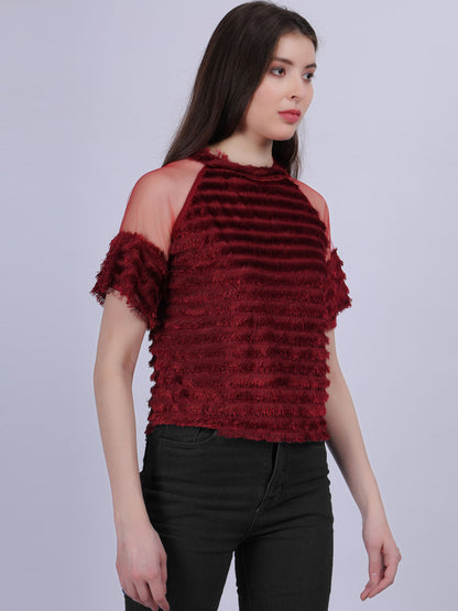 Maroon Casual Soft Fur Crop Top With Mesh Sleeves