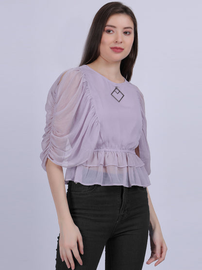 Lilac Basic Top With Fashion Ruffle Layered Sleeves With Metal Id Embellishment