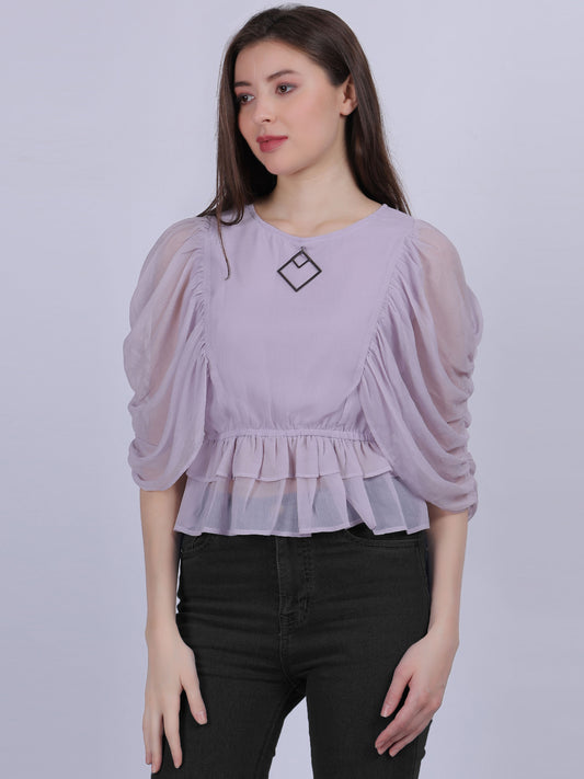 Lilac Basic Top With Fashion Ruffle Layered Sleeves With Metal Id Embellishment