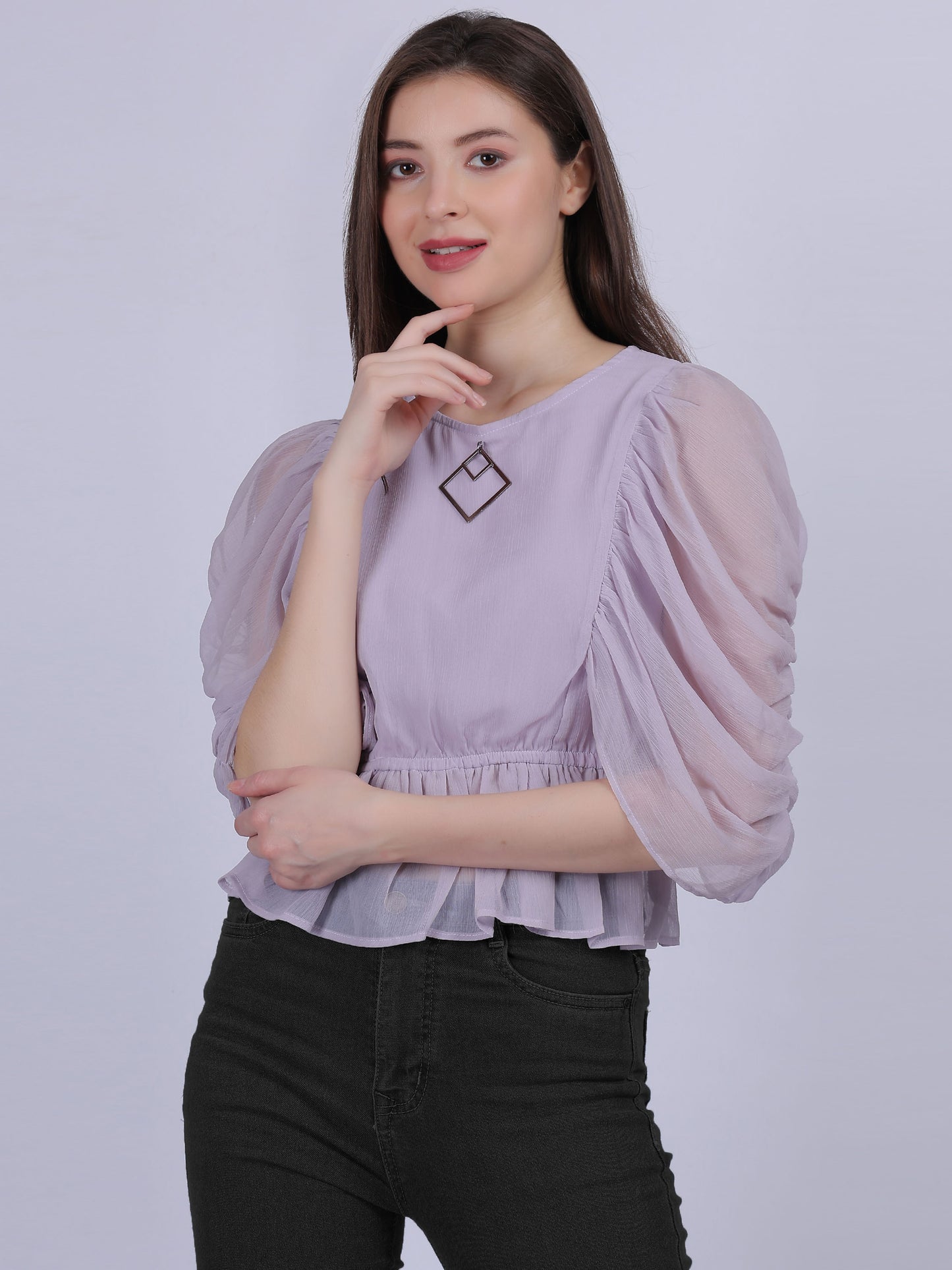 Lilac Basic Top With Fashion Ruffle Layered Sleeves With Metal Id Embellishment