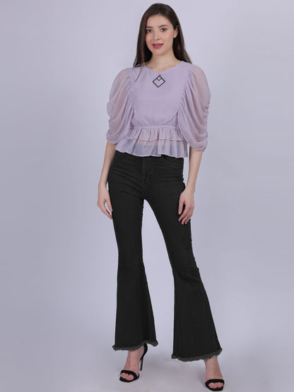 Lilac Basic Top With Fashion Ruffle Layered Sleeves With Metal Id Embellishment