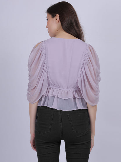 Lilac Basic Top With Fashion Ruffle Layered Sleeves With Metal Id Embellishment