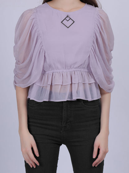 Lilac Basic Top With Fashion Ruffle Layered Sleeves With Metal Id Embellishment