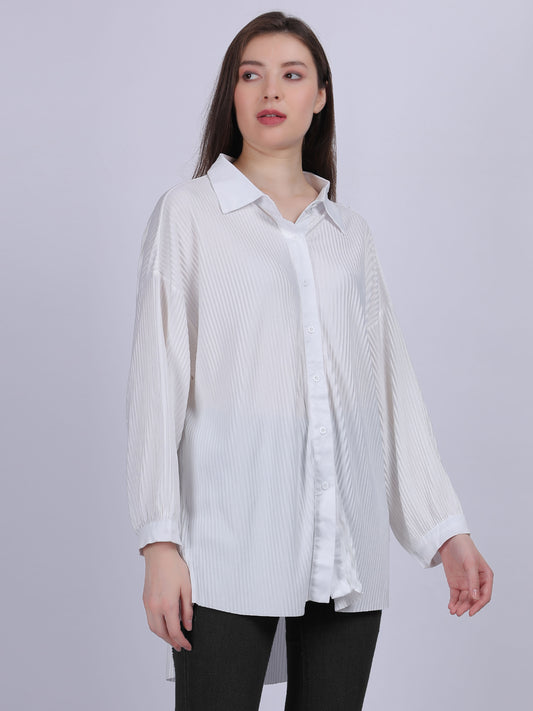 White Solid Oversized Pleated Shirt