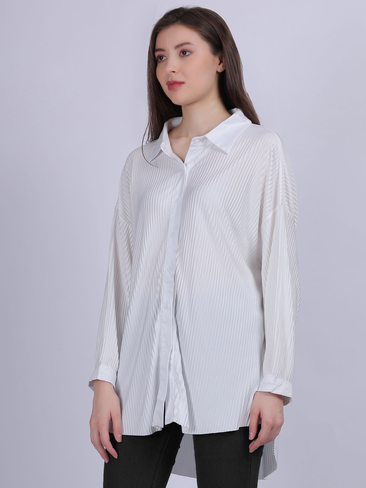 White Solid Oversized Pleated Shirt