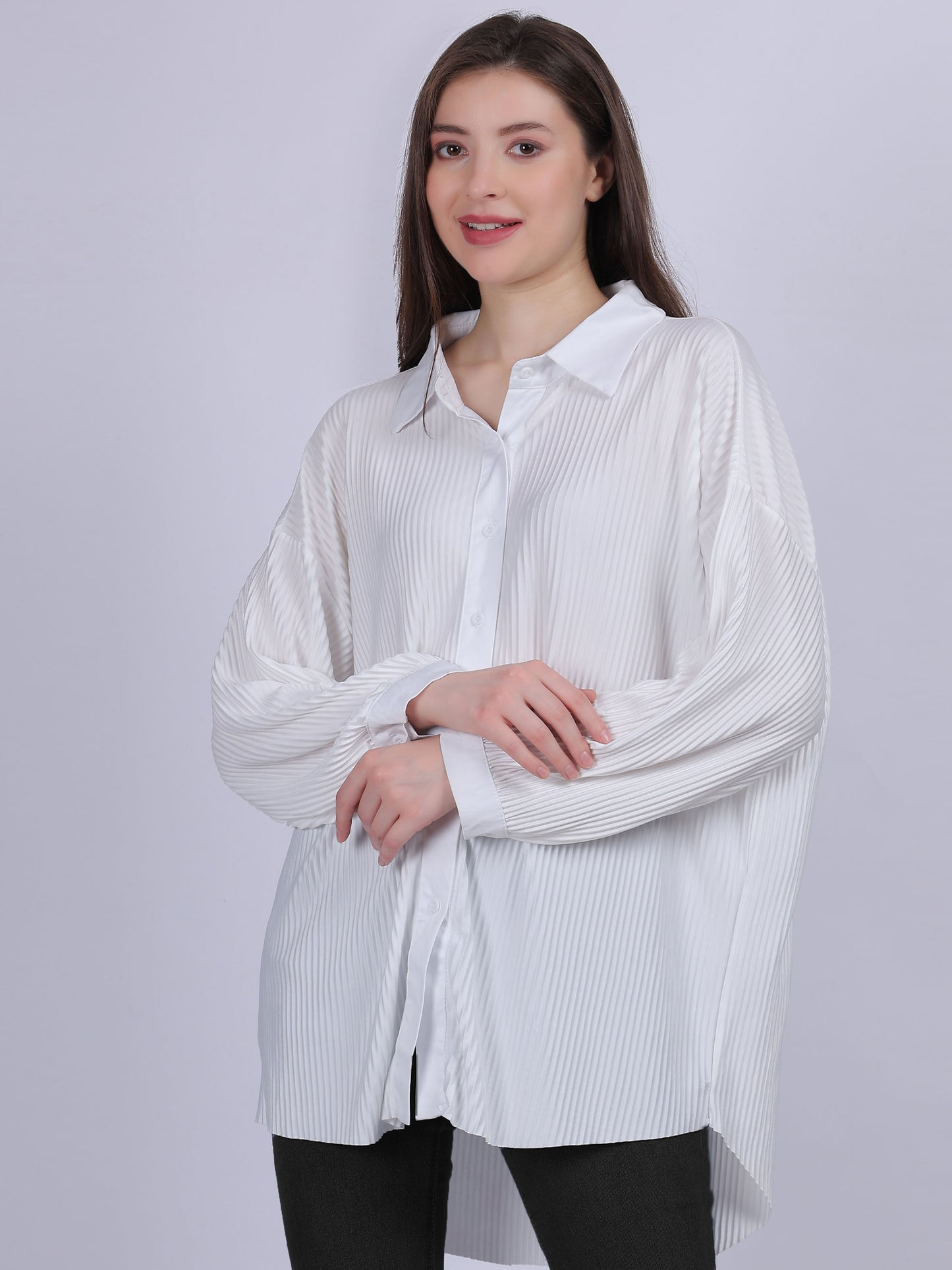 White Solid Oversized Pleated Shirt