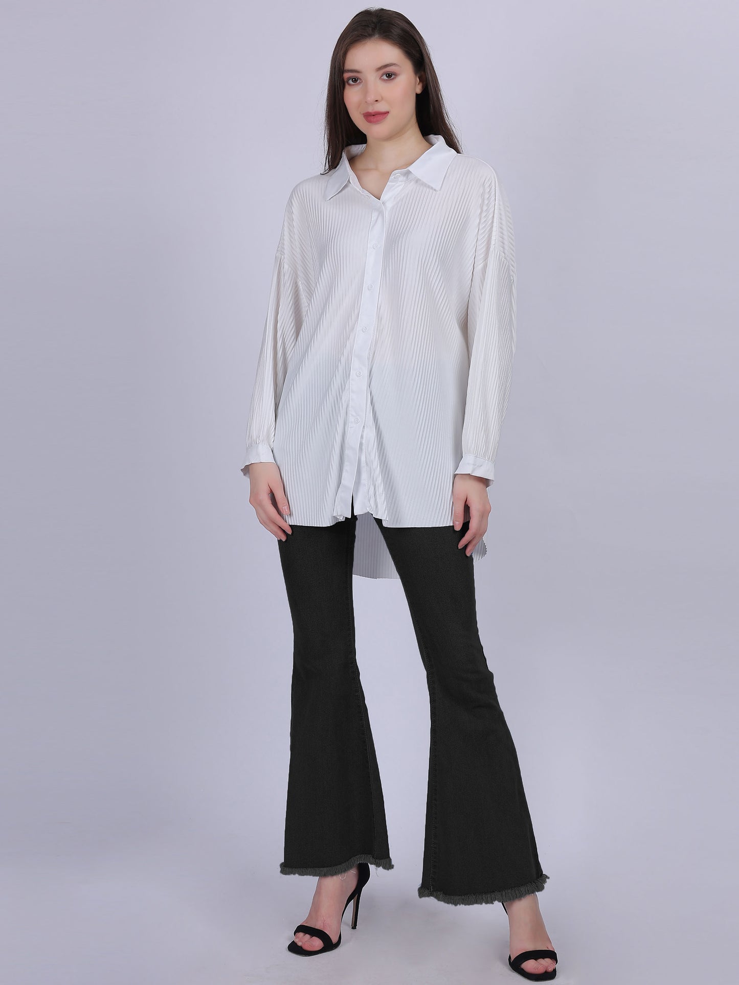 White Solid Oversized Pleated Shirt