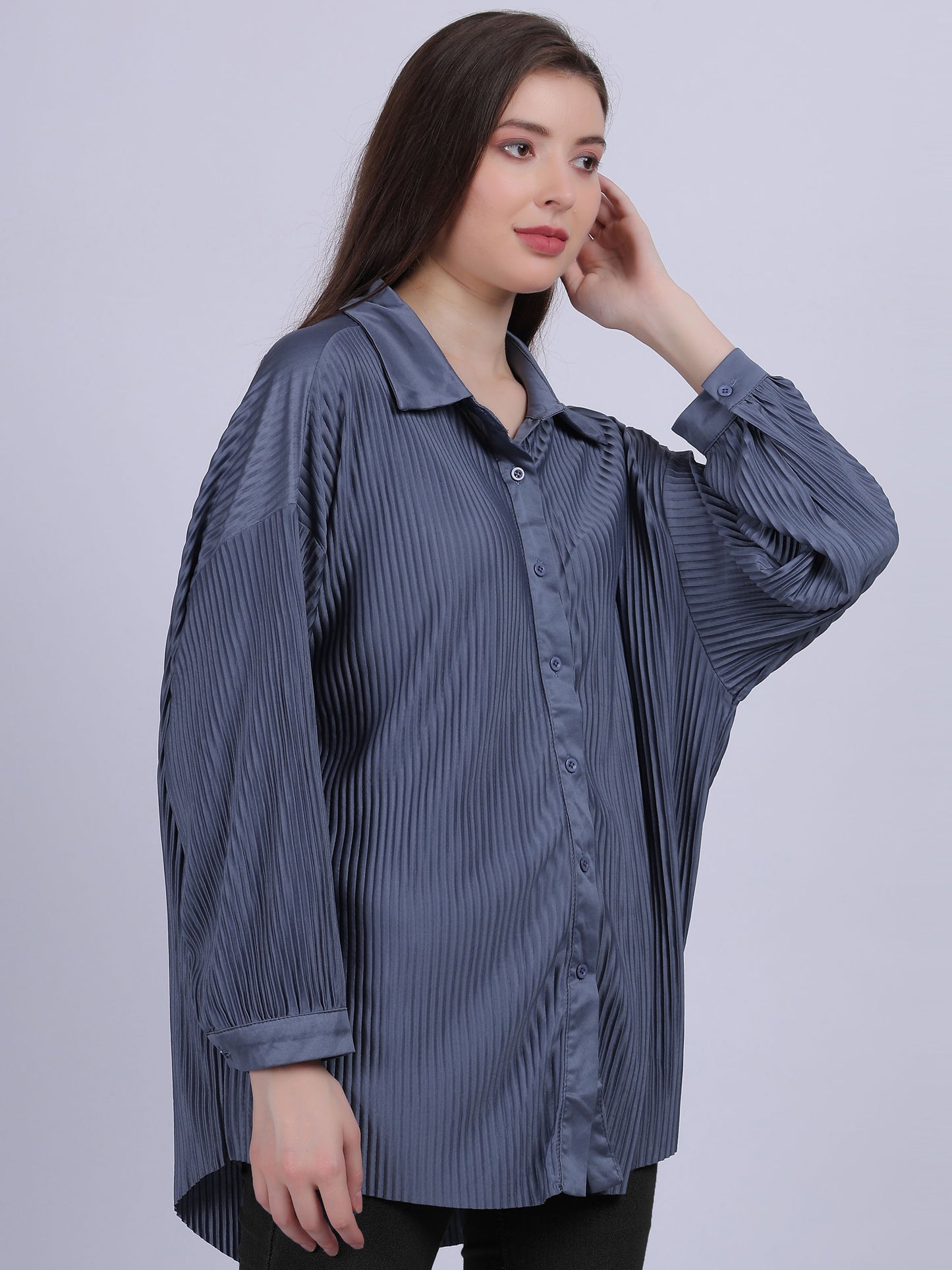 Grey Solid Oversized Pleated Shirt